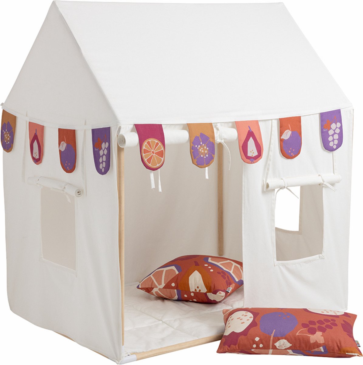   Kindertent indoor Speelhuis Katoen   met Slinger, 2 Kussenhoezen, Vloermat, L110cmx B80cm x H125cm, 3 ramen en zijpanelen die open kunnen 85152