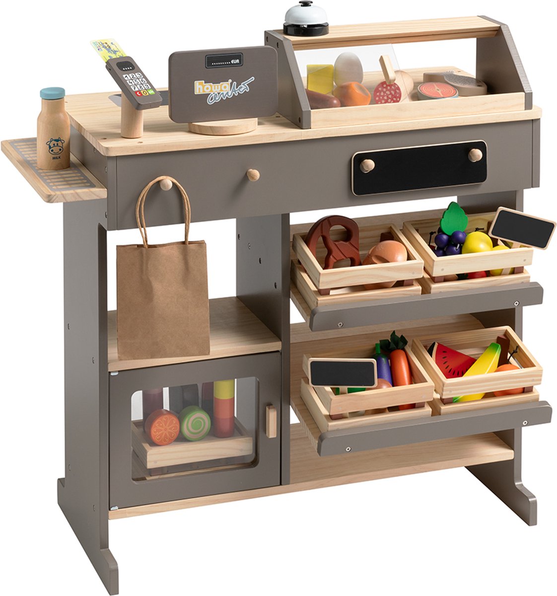   Speelgoed Winkeltje van Natuurlijk Hout, Taupe inclusief 40 Winkel Accessoires 14755