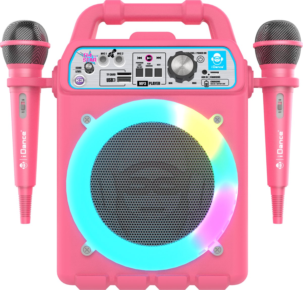 iDance K3V2 Karaoke Set - Bluetooth Party Speaker met Discolicht - Inclusief 2 Microfoons - Roze
