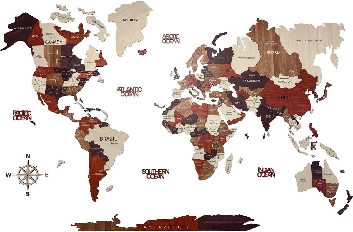 Green Split - Wereldkaart - 3D Houten Wereldkaart - Wanddecoratie - 3D muur decoratie - Housewarming Cadeau - Cadeau voor man - Cadeau voor vrouw - 225*135 cm