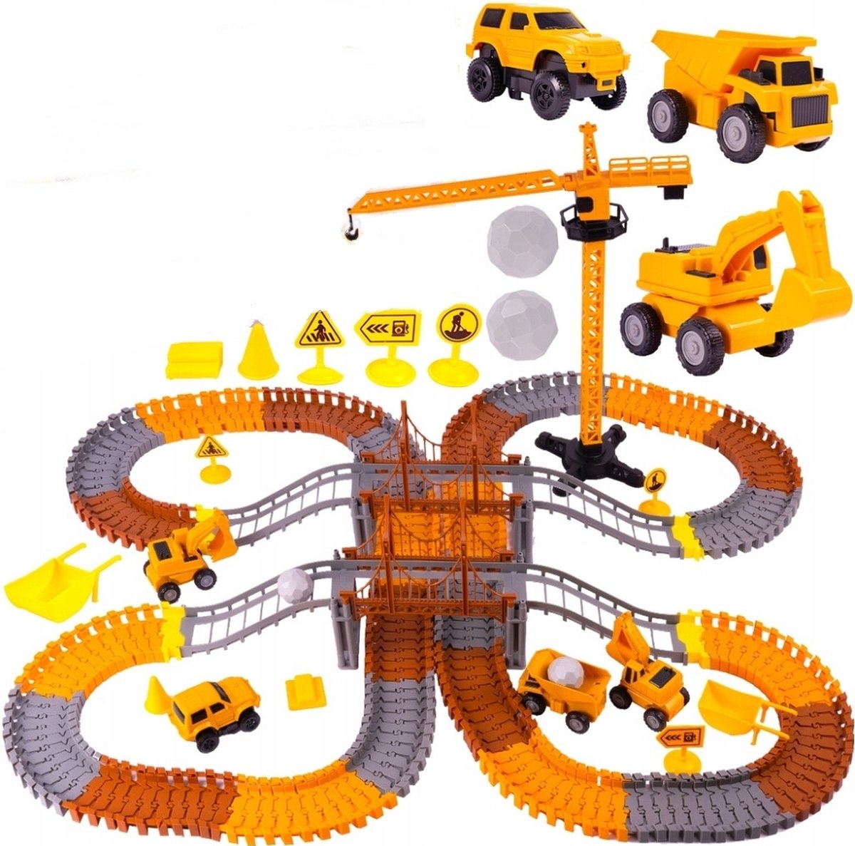 Ilso autobaan - racebaan - 273 delig - hijskraan - cementwagen - kiepwagen - bulldozer - inclusief batterij