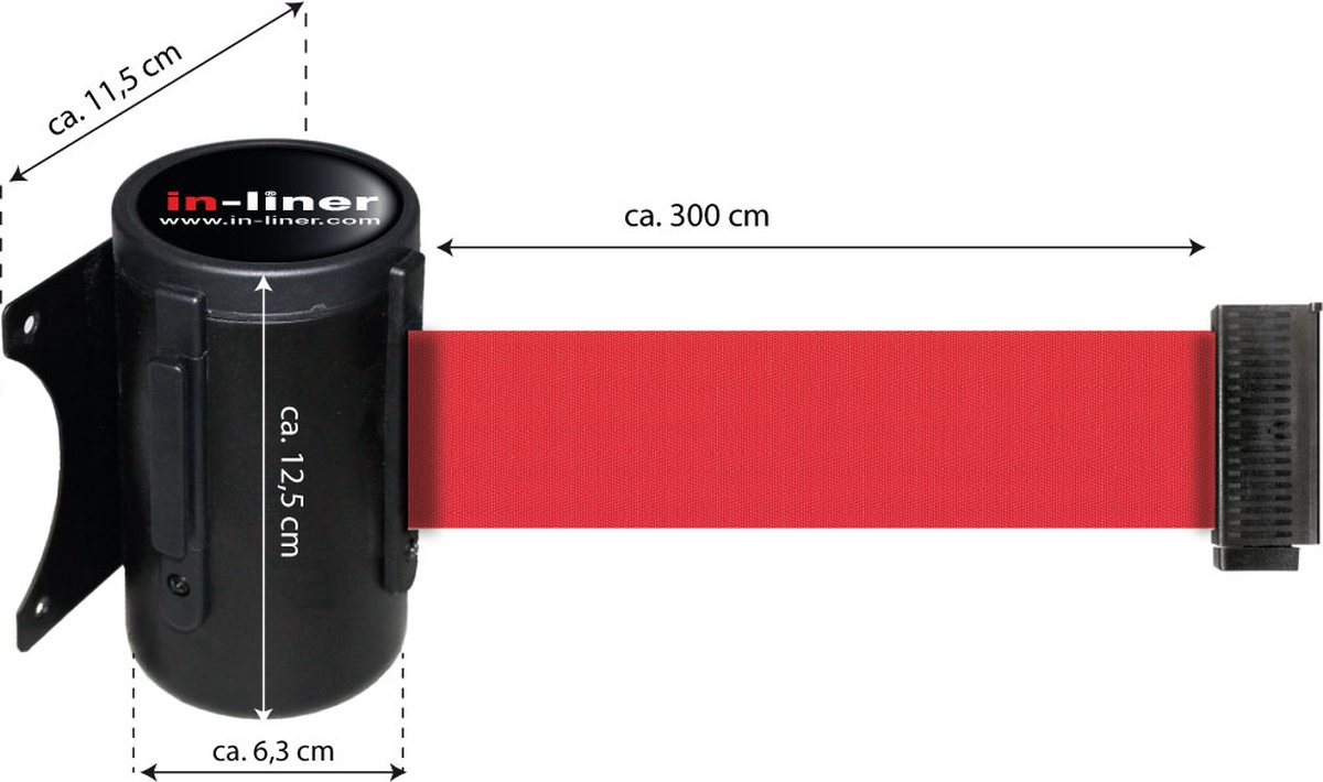 in-liner - afzetpaal - wandhouder zwart staal - lint rood 3 meter