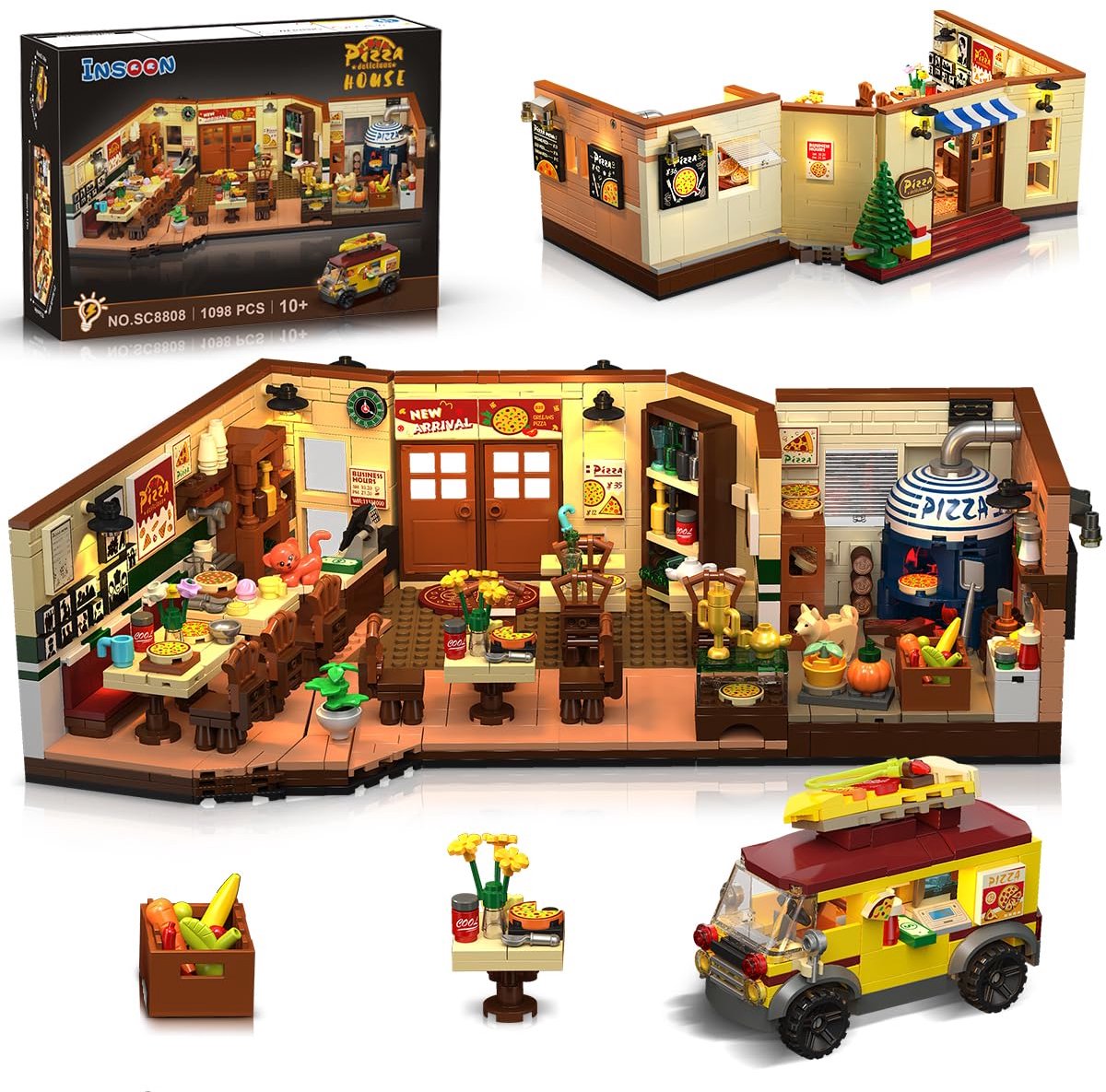 INSOON Pizzeria Bouwpakket - 1098 Delen met Licht - Retro Pizza Bus Spleegoed - Architectuur Model - Bouwpakketten Volwassenen Kinderen 10+ Jaar