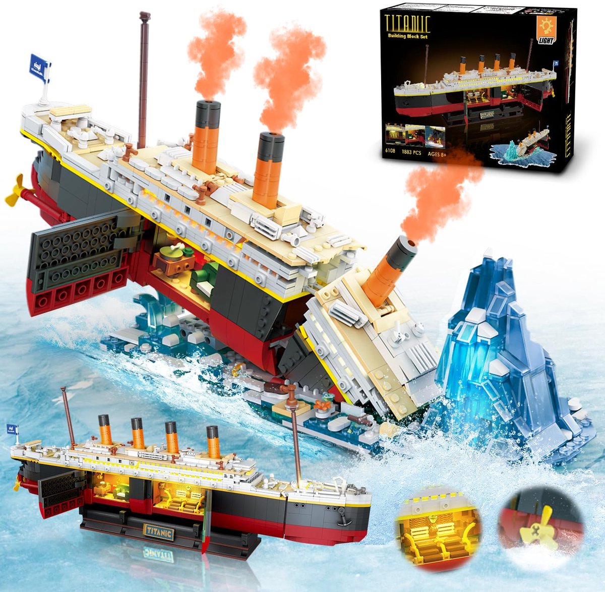 INSOON Titanic Bouwpakket met Licht - 2-in-1 Titanic Bouwstenen - 3.6 mm 1883 stuks Historisch Constructiespeelgoed – Boot Gletsjer Bouw Speelgoed Cadeau voor Volwassenen Kinderen 10 +
