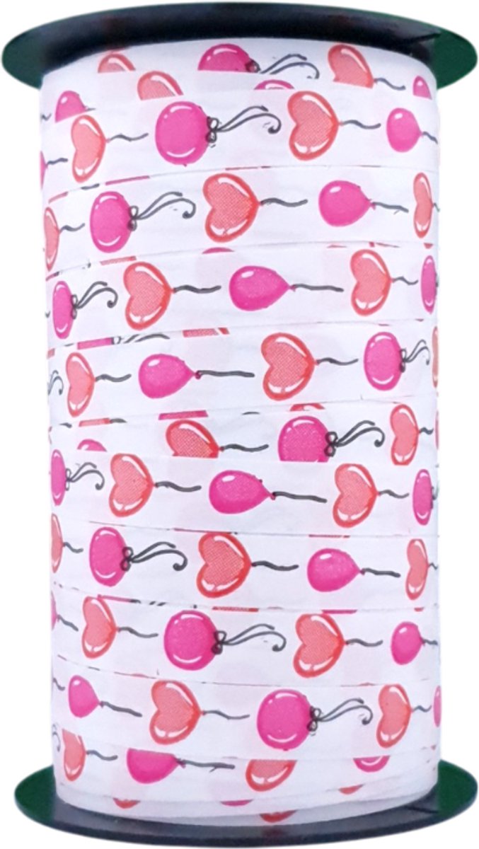 Krullint – Wit met Roze Hartjes & Ballonnen (10mm x 50m) - Inpaklint - Verpakkingslint - Voor Cadeaus & Geschenken