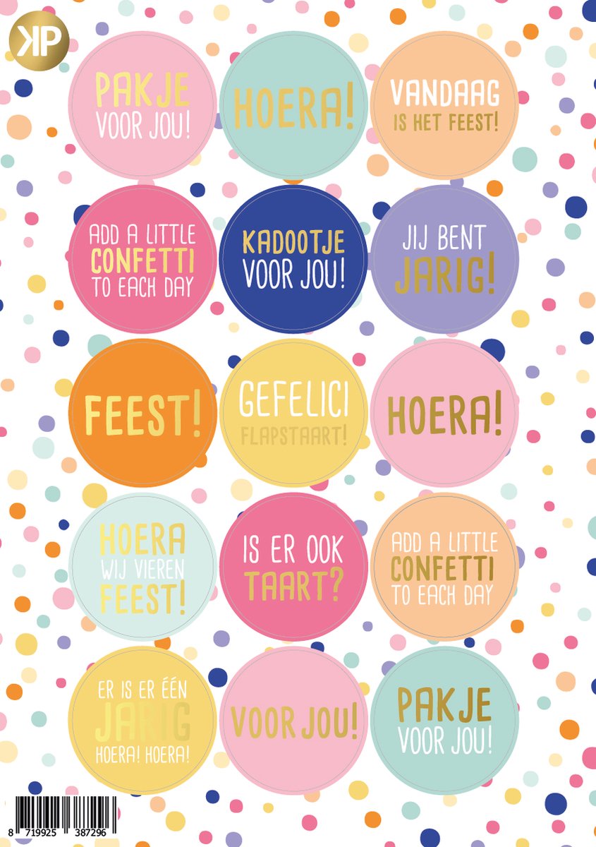 Stickervel 15 cadeaustickers- Confetti- Vrolijke kleuren - Cadeauversiering- Sluitzegel- Traktatiesticker- Wensetiket