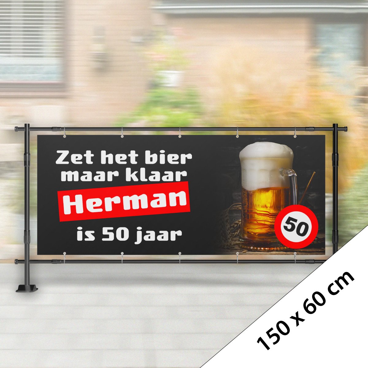 Spandoek Abraham Glas Bier 150 x 60 cm (Met eigen naam)