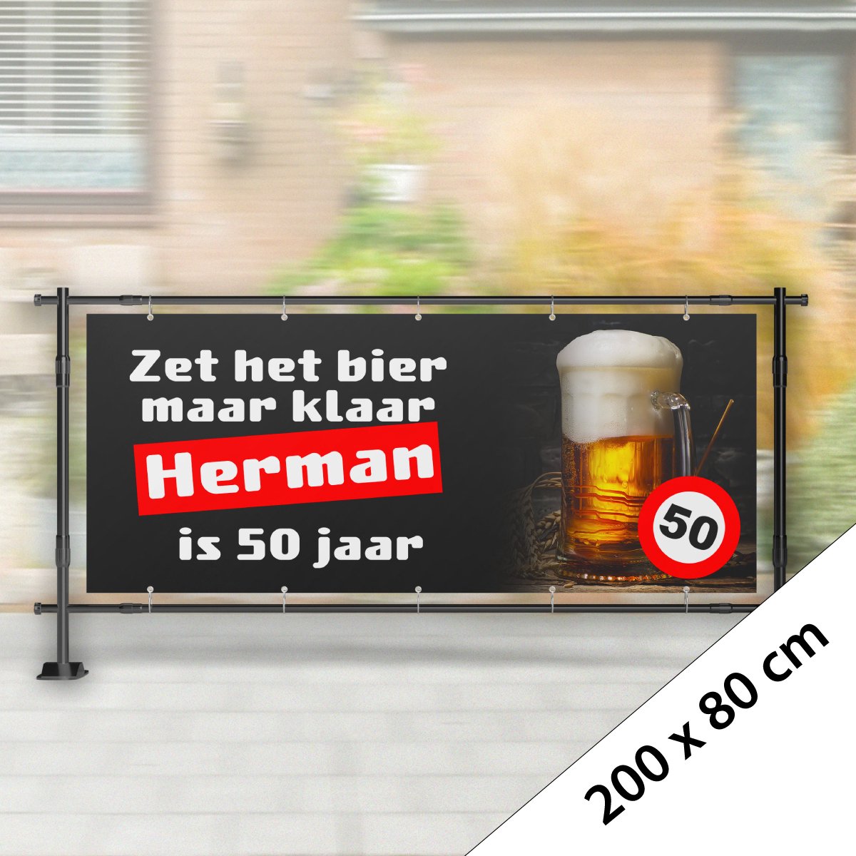 Spandoek Abraham Glas Bier 200 x 80 cm (Met eigen naam)