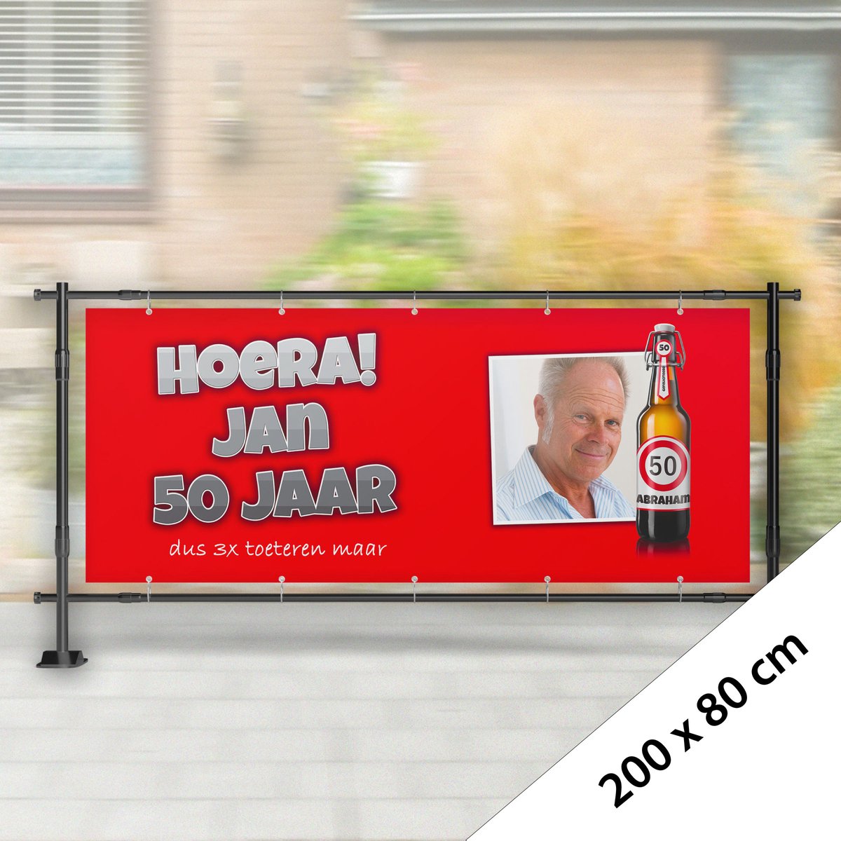 Spandoek Abraham Rood 200 x 80 cm (Met eigen naam en foto)
