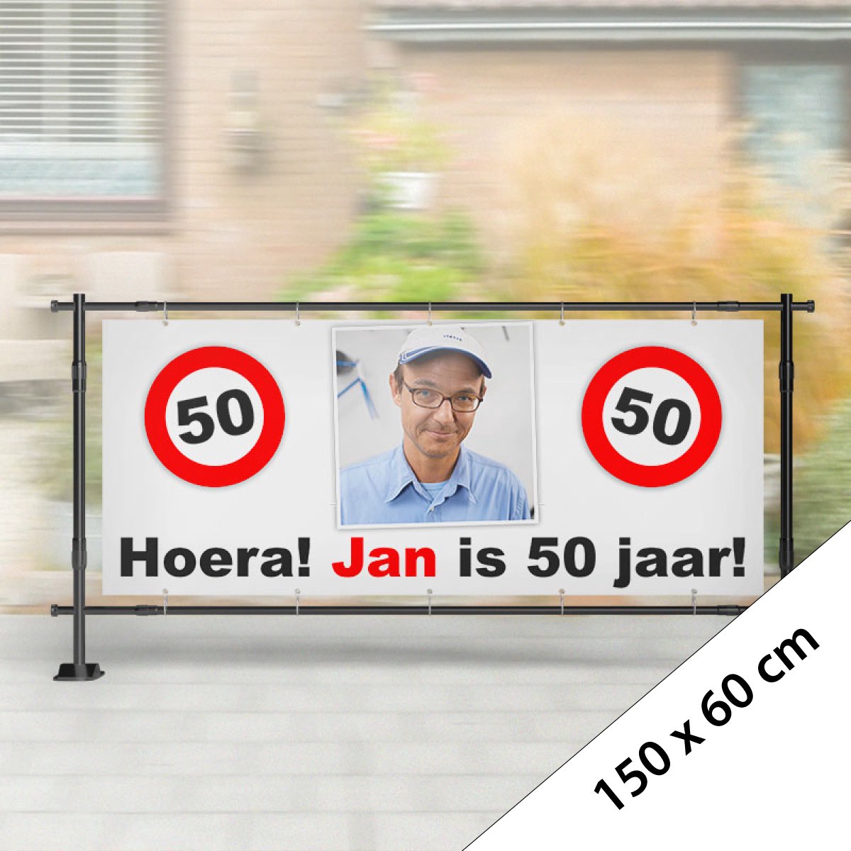 Spandoek Abraham Verkeersbord 150 x 60 cm (Met eigen naam en foto)