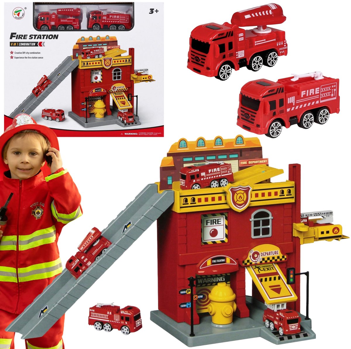 GROTE parkeerplaats, garage Brandweer met accessoires, speelgoed voor jongen 3+