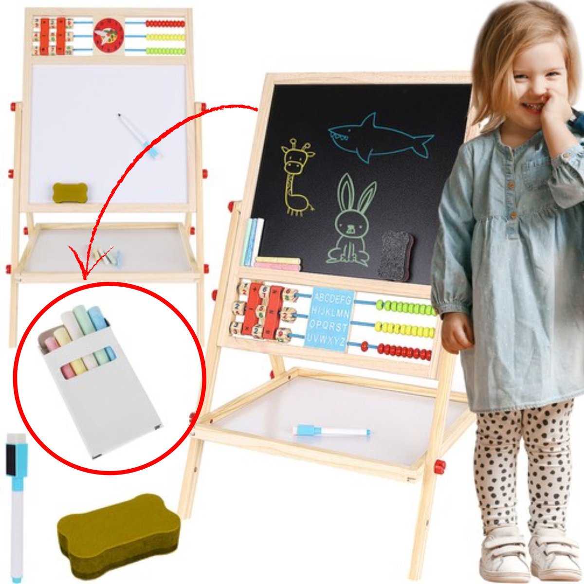 Kruzzel - 6-in-1 Dubbelzijdig Houten Educatief Bord voor Kinderen – Krijtbord - Whiteboard - Kralenteller - Klok - Alfabet en Opbergplank - Speelbord - Educatief Speelgoed - Schoolbord - Schoolbord kinderen - Magneetbord”