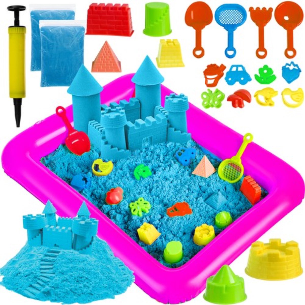 Kruzzel - Creatief Speelzand Set – 2 kg Magisch   + Opblaasbare  bak + 14 Vormpjes & Accessoires - Kinetic sand - Kinetisch zand - Kinetic zand - Inclusief Gratis E-Book
