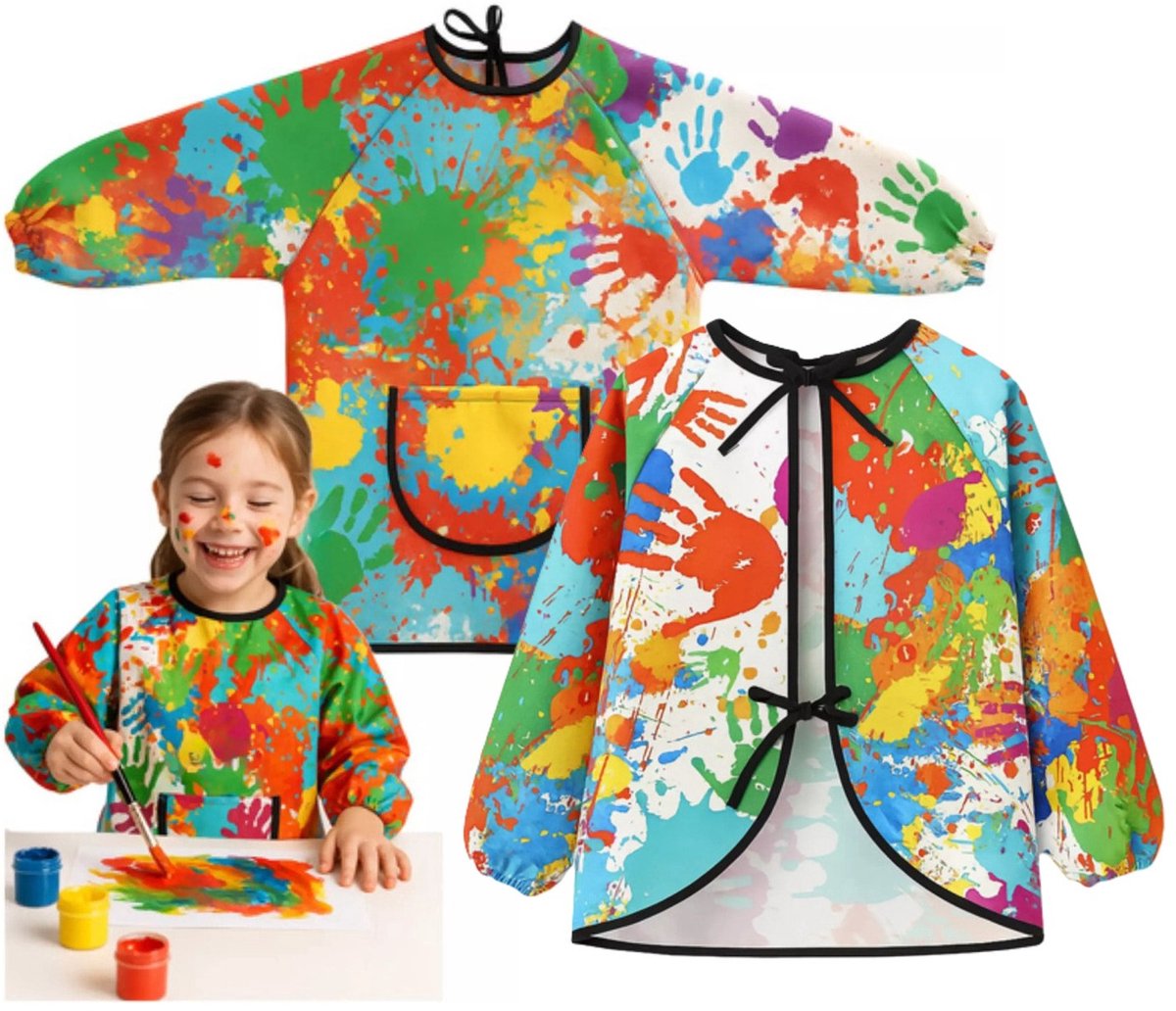 Kruzzel Knutsel schort/verfschort voor kinderen - 2x - met zak - 4-6 jaar - multi kleuren - waterdicht