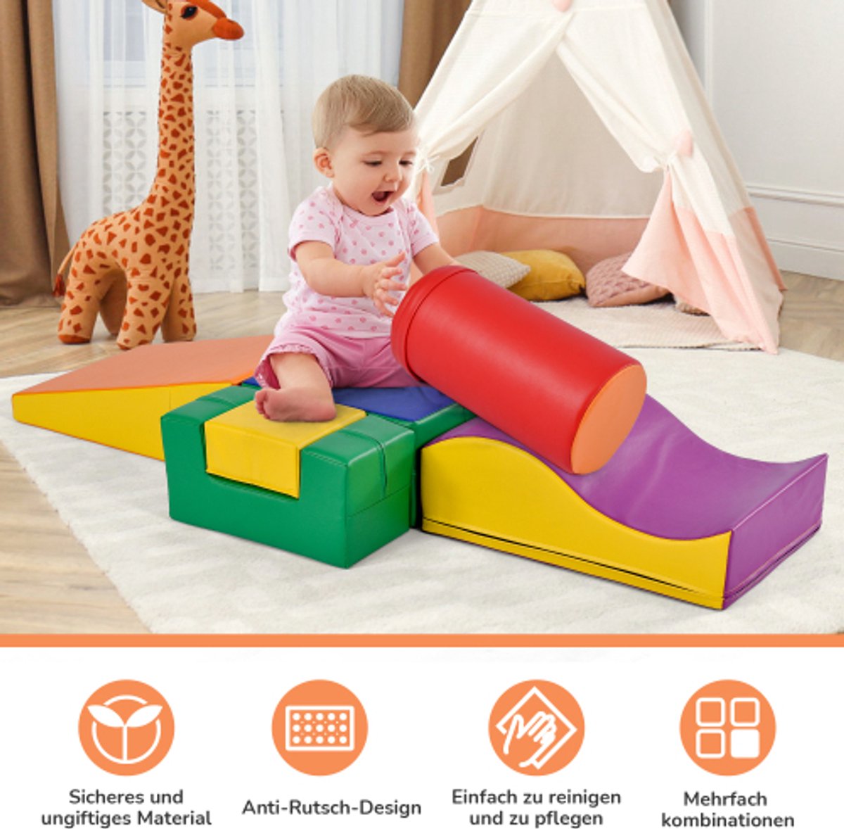 6-delige gigantische bouwstenen om rond te rennen en te klimmen. Grote bouwstenen voor kinderen. Trappen en glijbaan voor kinderen - speelgoed om te klimmen, glijden en kruipen. in de voorschoolse leeftijd en babys zachte bouwstenen