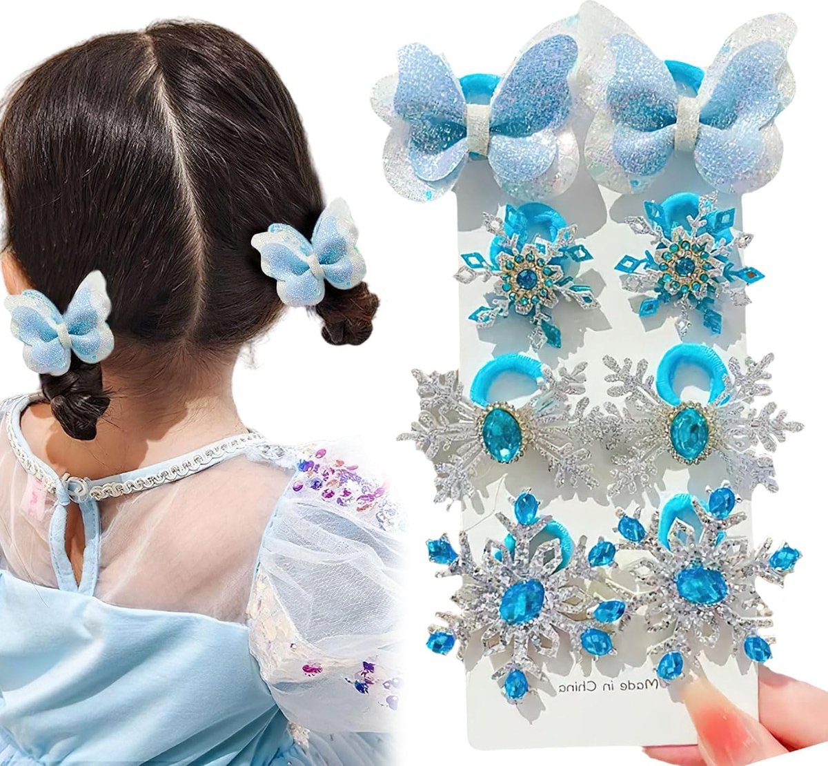 8 stuks elastische hoofdbanden glanzende blauwe sneeuwvlokboog hoofdbanden schadevrije zachte elastiekjes voor dames haar en paardenstaarthouder, geschikt voor dik en fijn haar