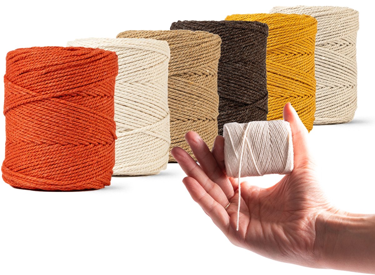 LEDENT Macramétouw (1mm, 6x65m, set 6 kleuren) - Dubbel getwist touw voor macramé van 100% gerecycleerd katoen - Set van 6 kleine rollen in aardetinten