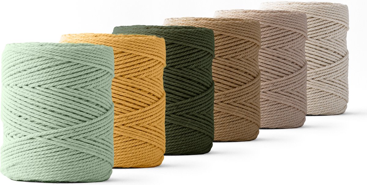 Ledent macramé touw, dubbel getwist (1mm, 6 x 65M) - 100% geregenereerd katoengaren - Macramé touw in 6 verschillende natuurlijke kleuren om mee te knutselen.