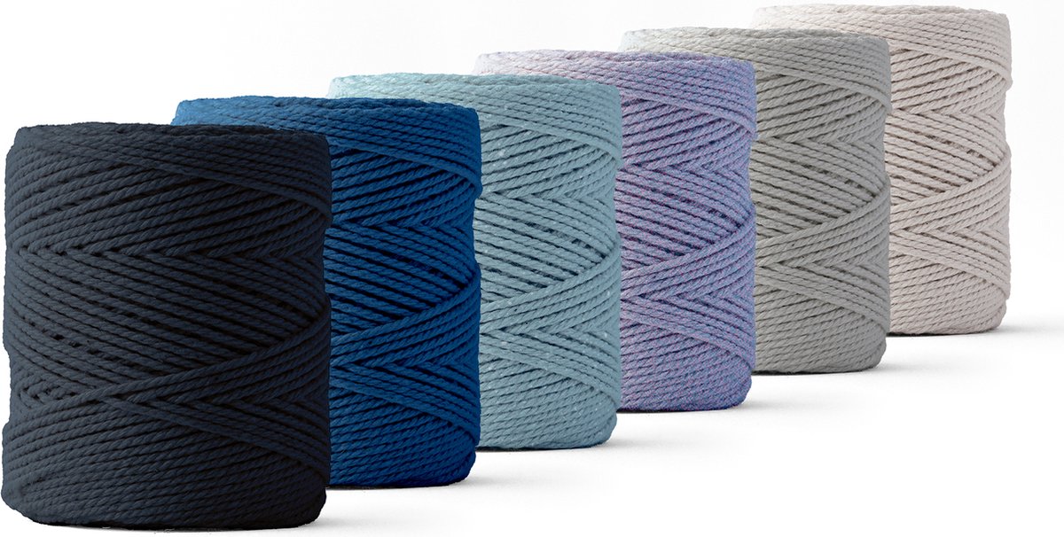 Ledent macramé touw, dubbel getwist (1mm, 6 x 65M) - 100% geregenereerd katoengaren - Macramé touw in blauw- en grijstinten, set van zes om mee te knutselen.