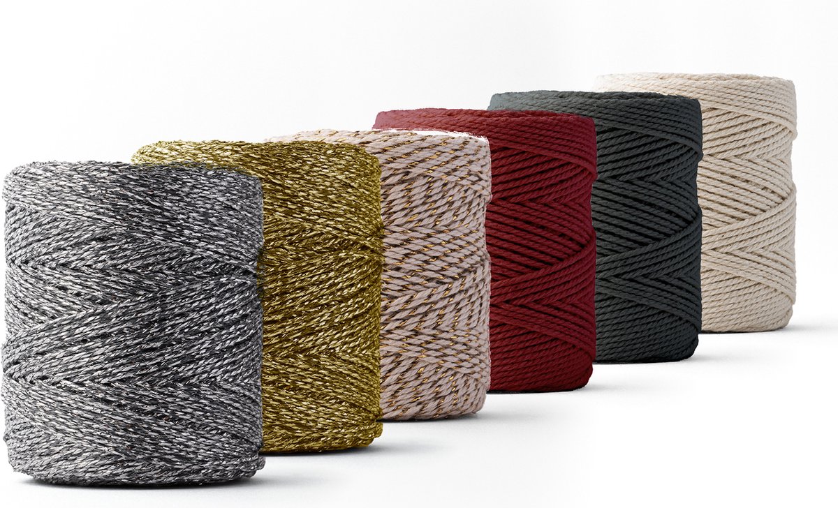 Ledent macramé touw, dubbel getwist (1mm, 6 x 65M) - 100% geregenereerd katoengaren - Macramé touw in feestelijke kleuren, set van zes om mee te knutselen.