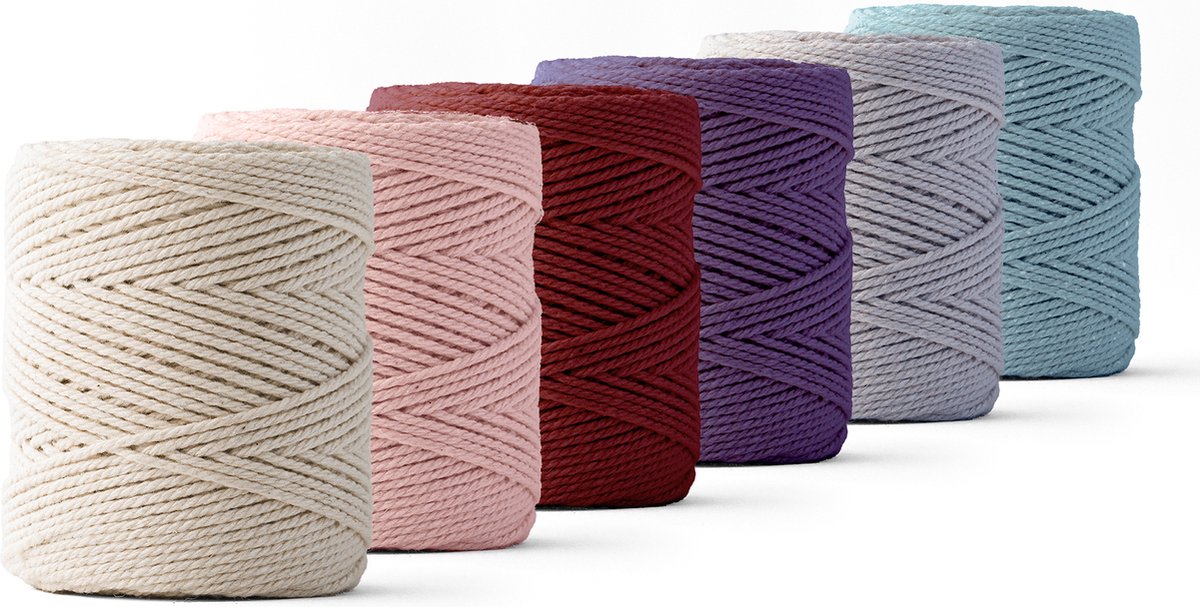 Ledent macramé touw, dubbel getwist (1mm, 6 x 65M) - 100% geregenereerd katoengaren - Macramé touw in paarse en roze tinten, set van zes om mee te knutselen.