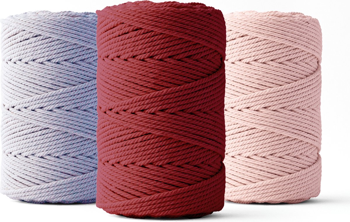 Ledent macramé touw, dubbel getwist (2mm, 3 x 70M) - 100% geregenereerd katoengaren - Macramé touw in bordeaux, lichtpaars & roos om mee te knutselen.