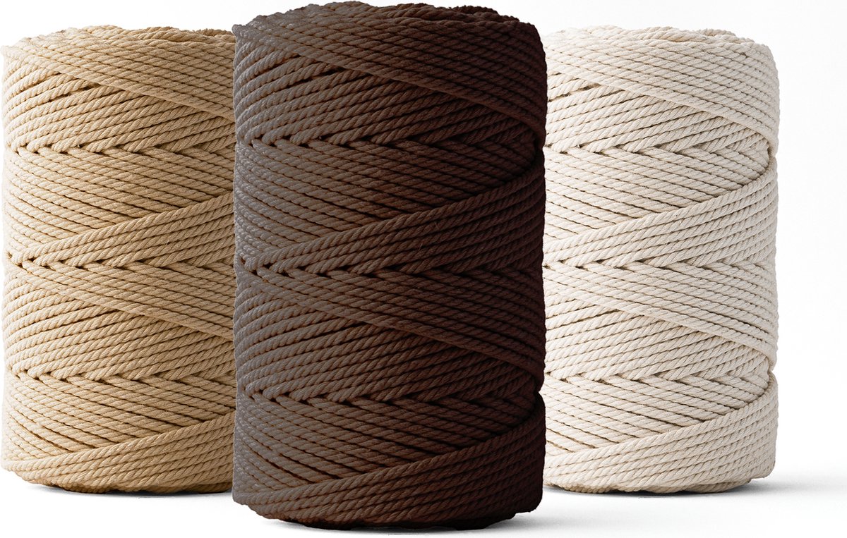 Ledent macramé touw, dubbel getwist (2mm, 3 x 70M) - 100% geregenereerd katoengaren - Macramé touw in ecru, donkerbruin & bruin om mee te knutselen.