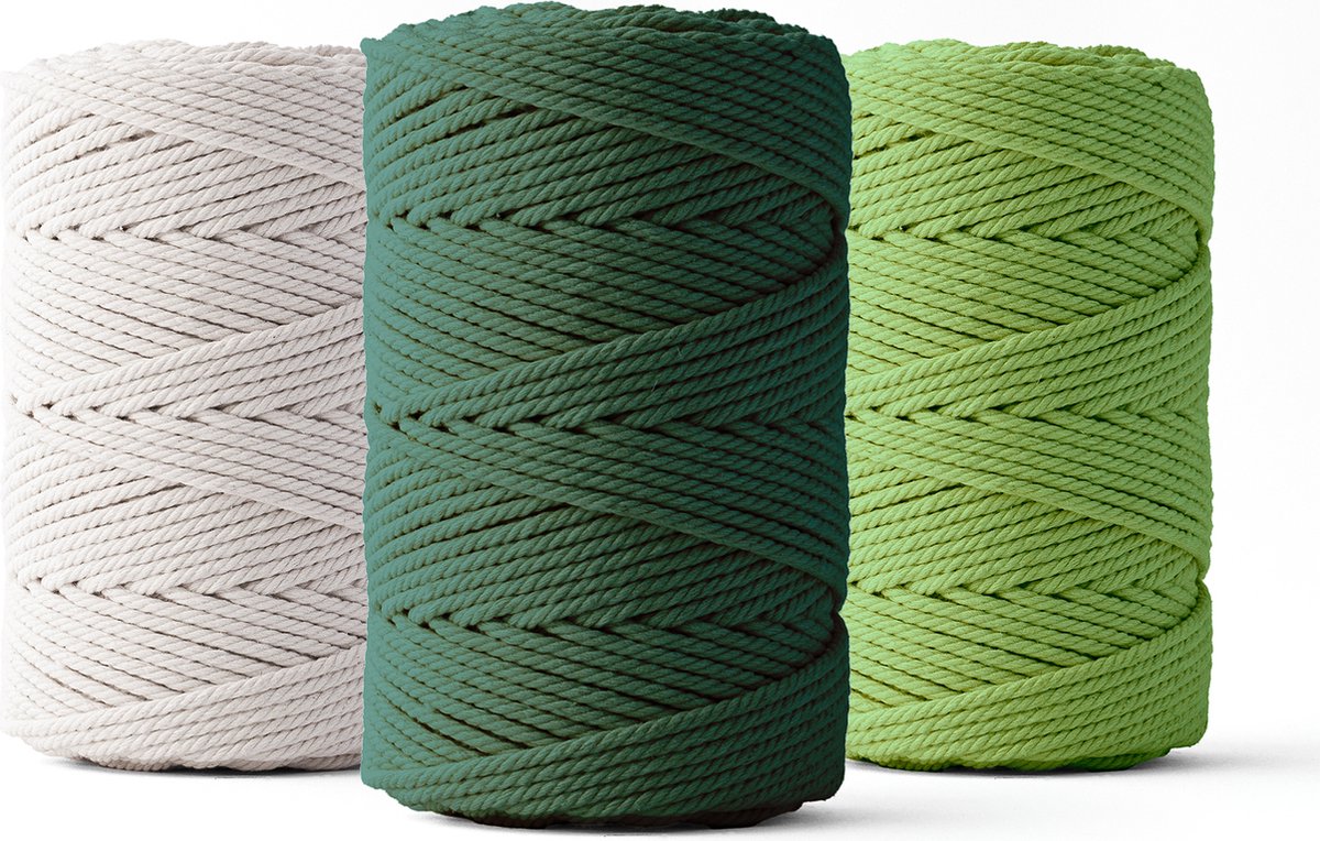 Ledent macramé touw, dubbel getwist (2mm, 3 x 70M) - 100% geregenereerd katoengaren - Macramé touw in lichtgroen, donkergroen & wit om mee te knutselen.