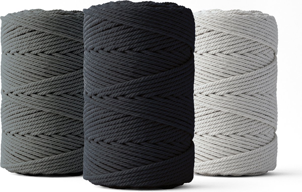 Ledent macramé touw, dubbel getwist (2mm, 3 x 70M) - 100% geregenereerd katoengaren - Macramé touw in muisgrijs, grafiet & zwart om mee te knutselen.
