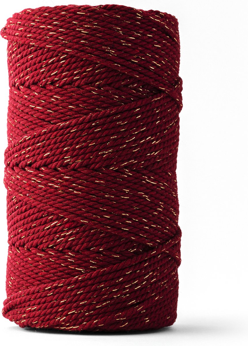 Ledent macramé touw, dubbel getwist (3mm, 120M) - 100% geregenereerd katoengaren - Macramé touw in het bordeaux met glittergoud om mee te knutselen.