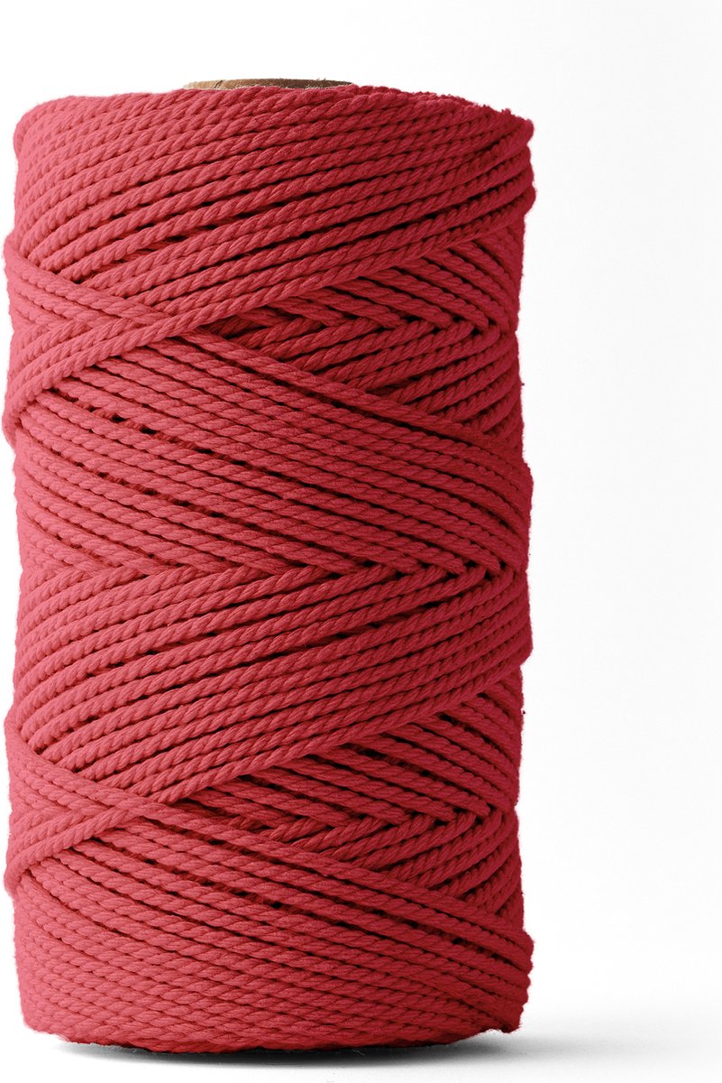 Ledent macramé touw, dubbel getwist (3mm, 120M) - 100% geregenereerd katoengaren - Macramé touw in het rood om mee te knutselen.