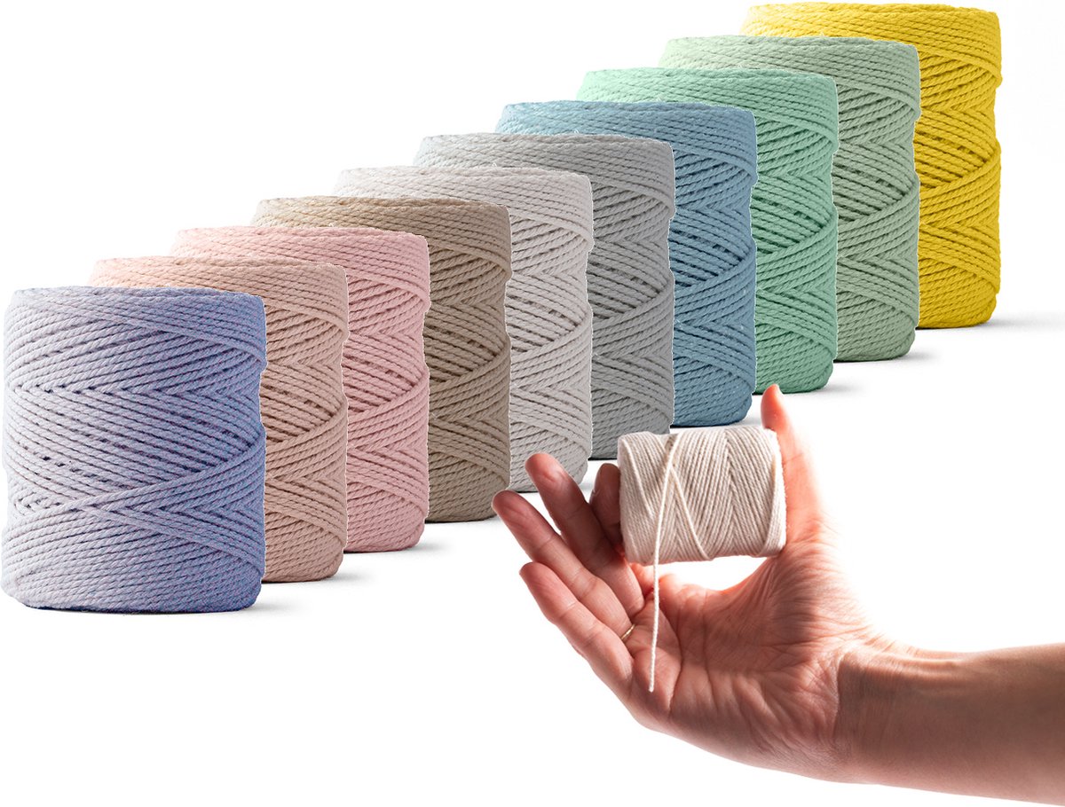 Ledent macramé touw (1mm, 10 x 65M), dubbel getwist - 100% geregenereerd katoenkoord - Dun macramé touw in pastelkleuren, setje van tien kleine rolletjes om mee te knutselen