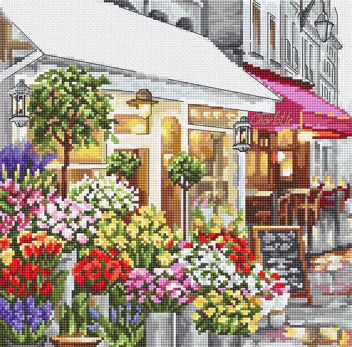 Borduurpakket FLOWER SHOP - BLOEMEN WINKEL - LETISTITCH - telpatroon - moeilijkheidsgraad gemiddeld