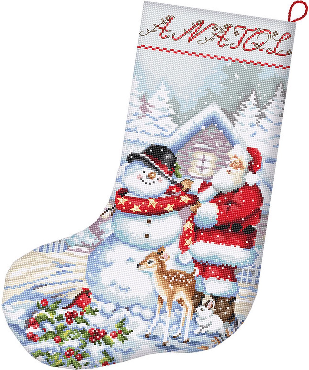 Borduurpakket LETI 8016 Snowman and Santa Stocking - kerstsok - telpatroon om zelf te borduren