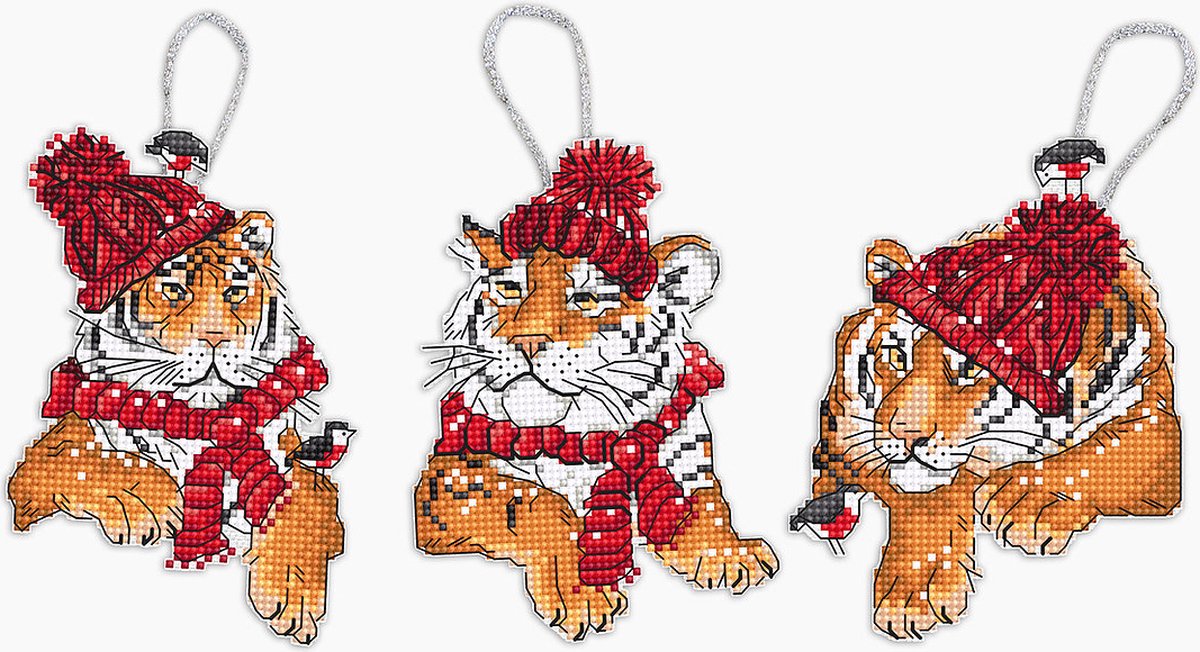 Borduurpakket LETISTITCH - Christmas tigers Toys (set van 3) kunststof stramien