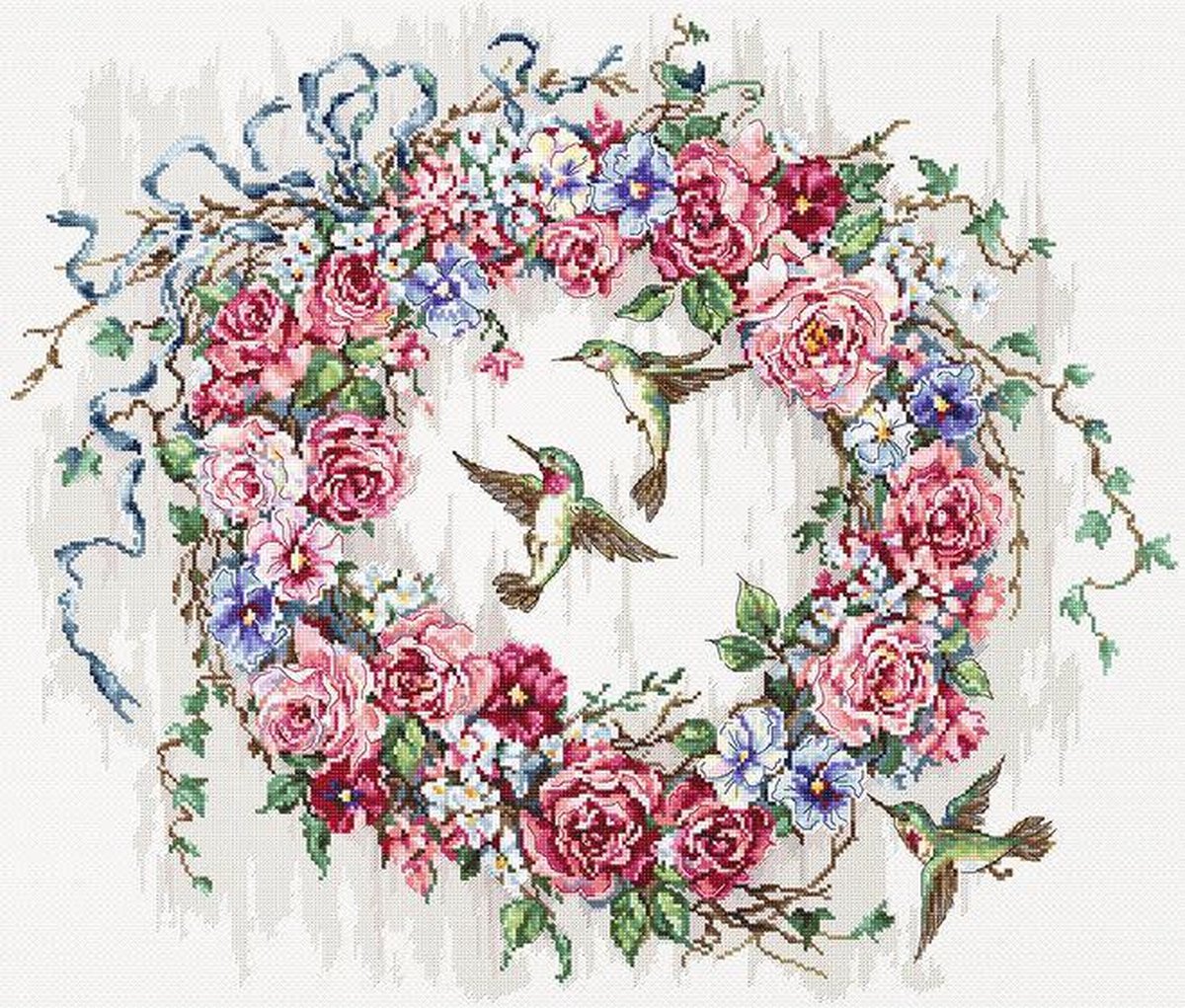 LETISTITCH borduurpakket KOLIBRI KRANS - HUMMINGBIRD WREATH - telpatroon om te borduren - 47 x 40 cm