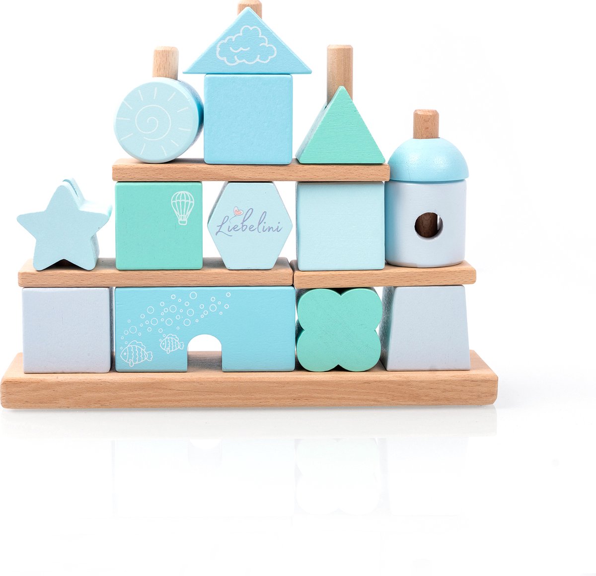 Liebelini - houten speelgoed - blokken toren - blauw groen - stapel blokken