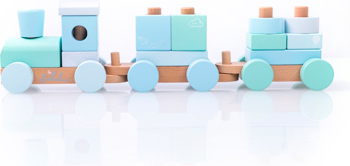 Liebelini - houten speelgoed - stapeltrein - stapelblokken - blauw - 40 cm