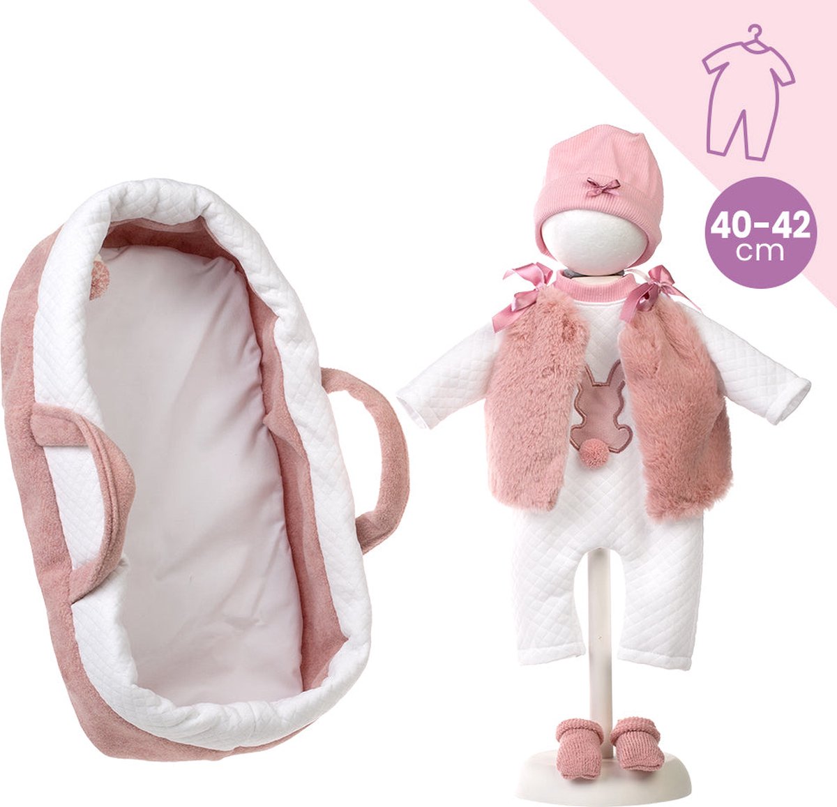 Llorens poppenkledingset met reiswieg roze wit voor pop 40 - 42 cm