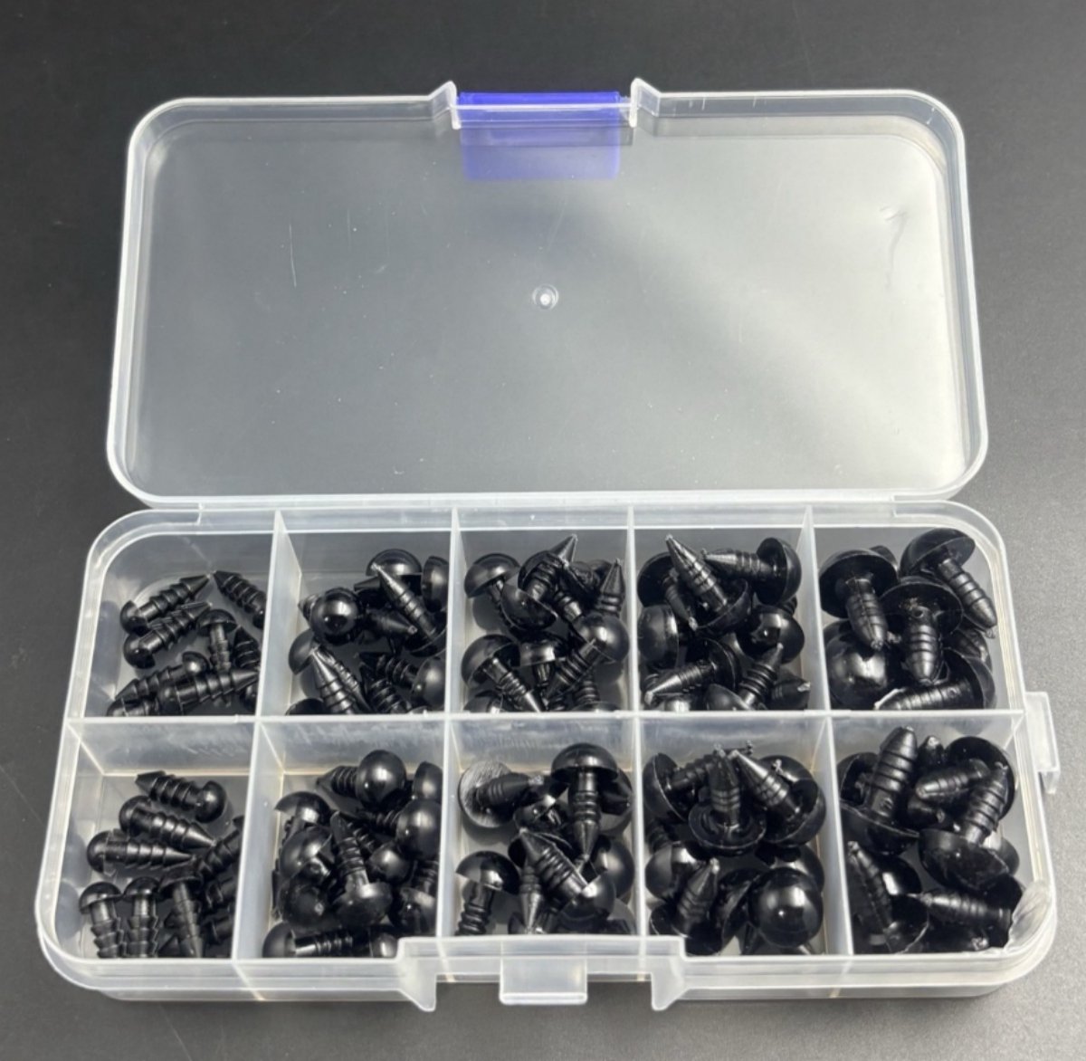 100 stuks Zwarte Plastic Knuffelogen - DIY KnuffelAccessoires – 6mm, 8mm, 9mm, 10mm, 12mm – Volzwart – Doosverpakkung