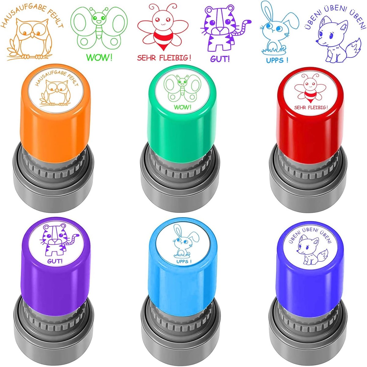 6 Stuks Zelfinktende Stempels voor Leraren – Belonings- & Motivatiestempels met Leuke Cartoon Designs – Perfect voor Huiswerk & Klassenactiviteiten