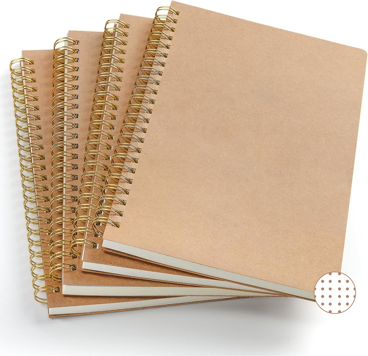 Set van 4 A5 Notitieboekjes met Dotted Papier – 50 vellen / 100 pagina’s, Spiraalgebonden, Kraft Kaft, Schetsboek, Dagboek, Perfect voor Kantoor en School