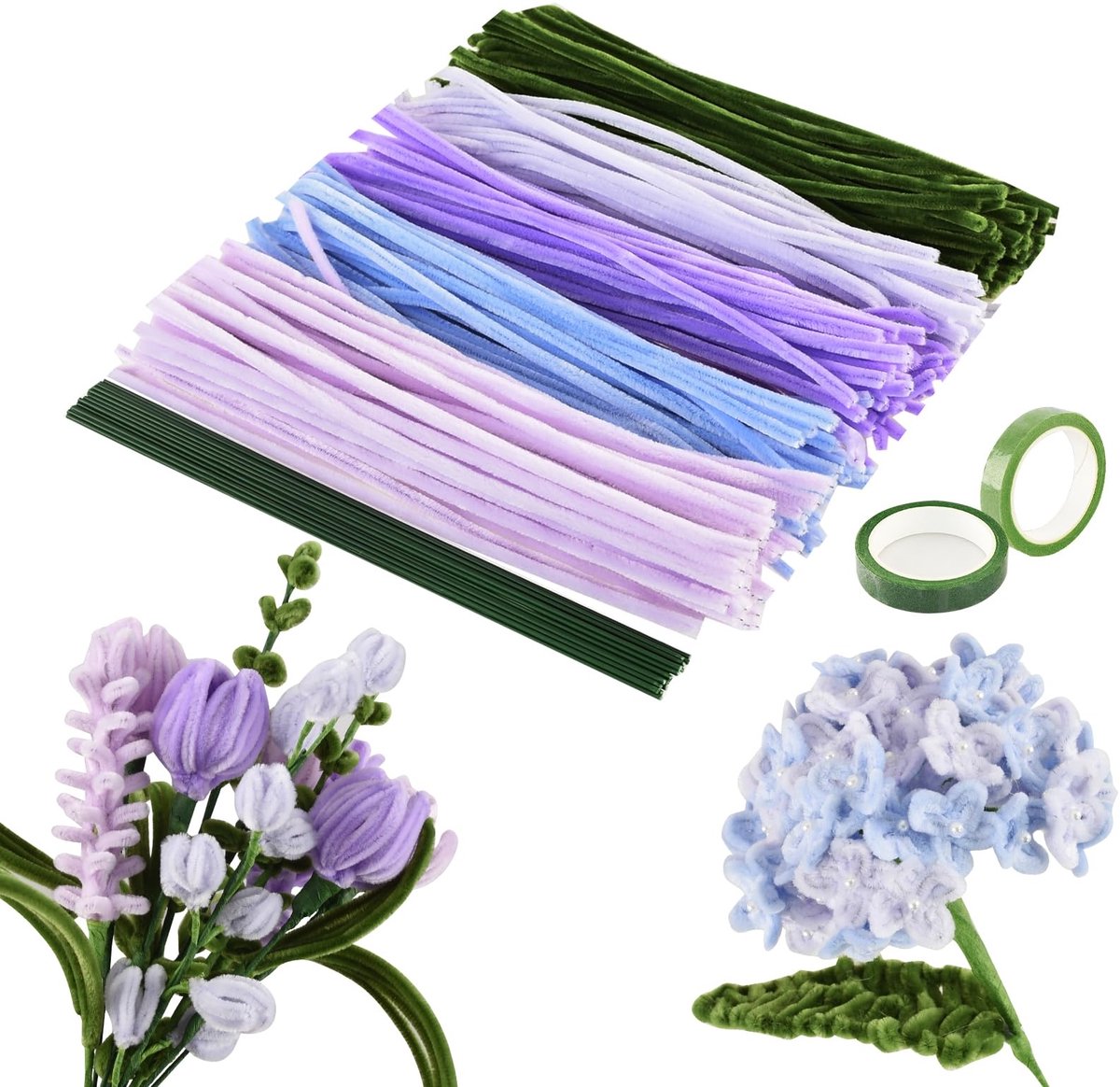 longziming -Pijpenragers Knutselset voor Bloemen – 400 Stuks Chenille Stems DIY Bloemenboeket Set met Florist Tape en Lint – Creatieve Knutselmaterialen voor Kinderen en Volwassenen