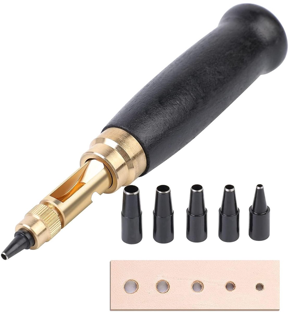   Verstelbare Japanse Schroefpons met 6 Maten – Houten Handvat – Leer, Papier, Boekbinden, Riemgaten – zwart