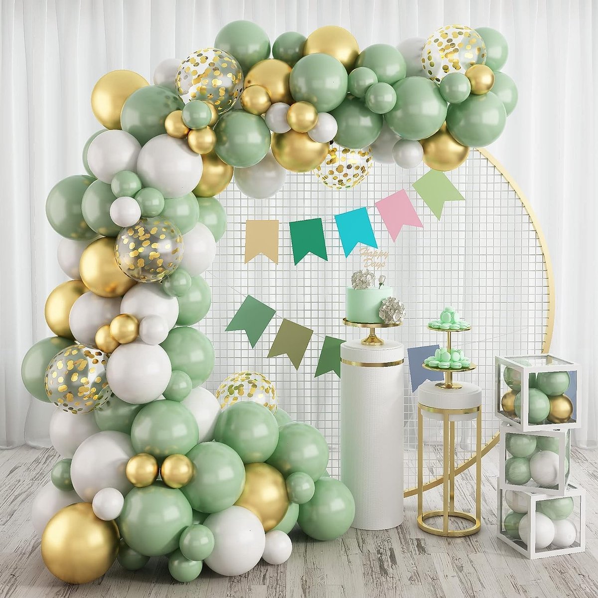 Ballonslinger, 124 ballonnen, groene en gouden confettiballonnen van latex, groene ballonnen