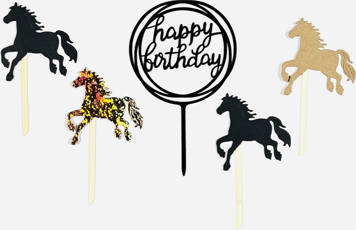 Paard Happy birthday taart vlag - taart topper - taart decoratie - verjaardag versiering - prikkers met versiering - taartversiering
