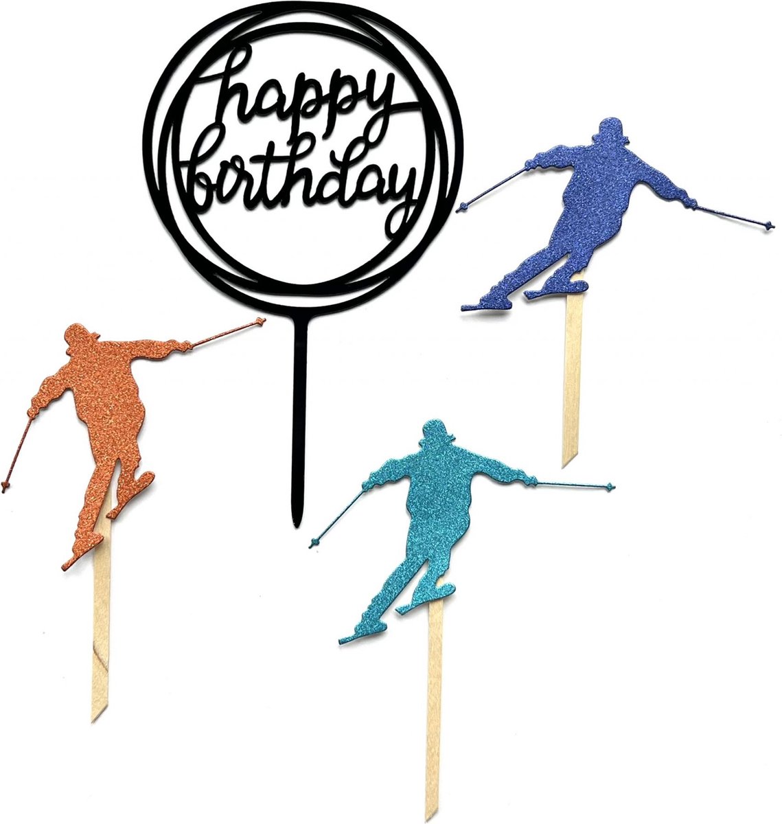 Skiër wintersport Happy birthday taart vlag - taart topper - taart decoratie - verjaardag versiering - prikkers met versiering - taartversiering