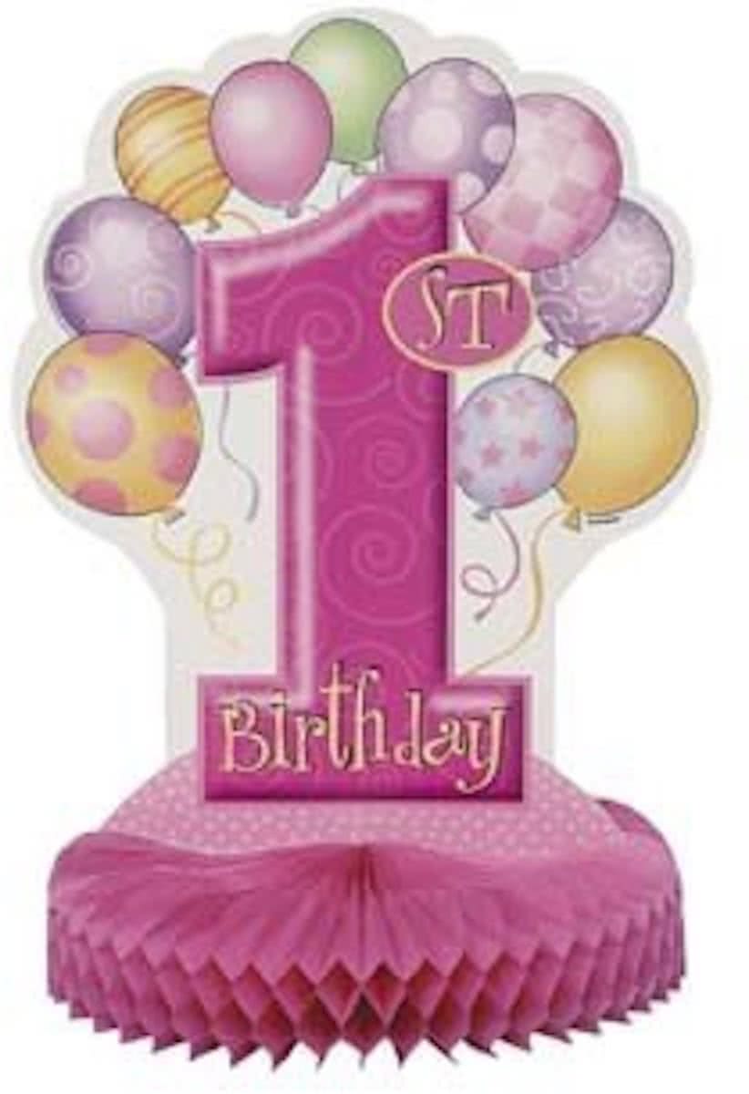 Decoratie 1e verjaardag roze ballonnen 355 cm