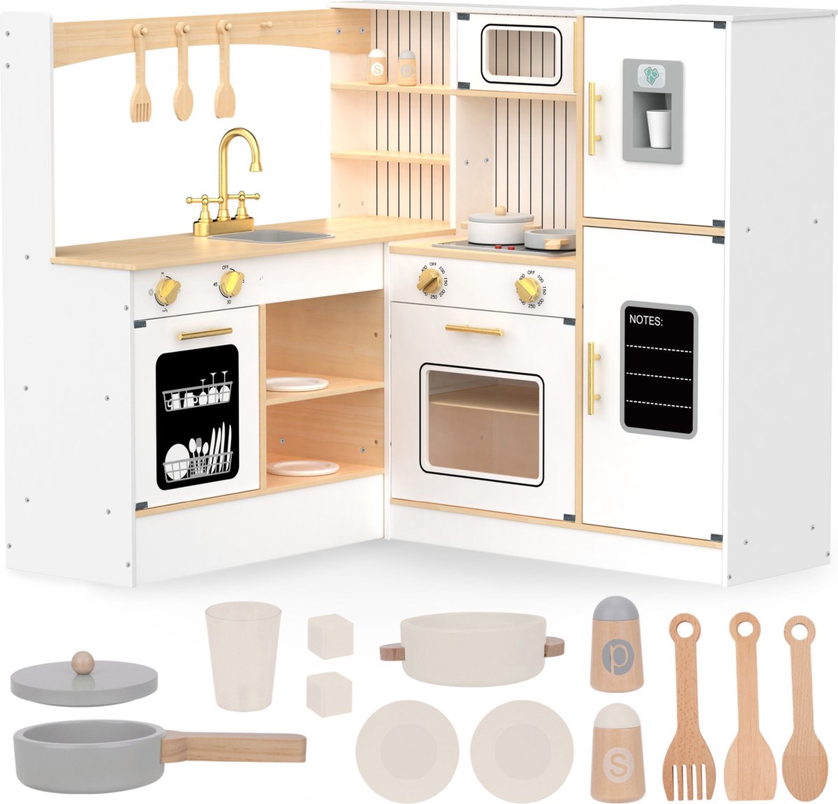 Mamabrum Houten kinderkeuken 3+, groot, interactief hoekfornuis, XXXL, keukenset met koelkast, magnetron, wastafel, oven, vaatwasser en accessoires