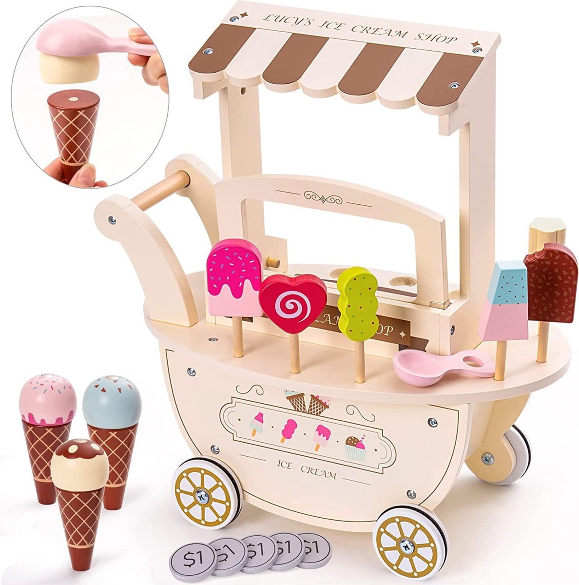 Mamabrum IJssalon van hout op wielen voor kinderen 3+, ijskar van hout met accessoires, speelset voor ijssalon, educatief speelgoed voor peuters